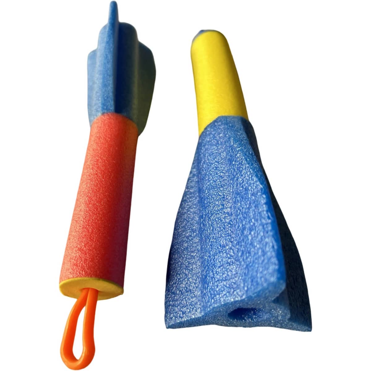Two finger rocket toys in blue, red, and yellow foam, featuring different shapes and a loop on one end.