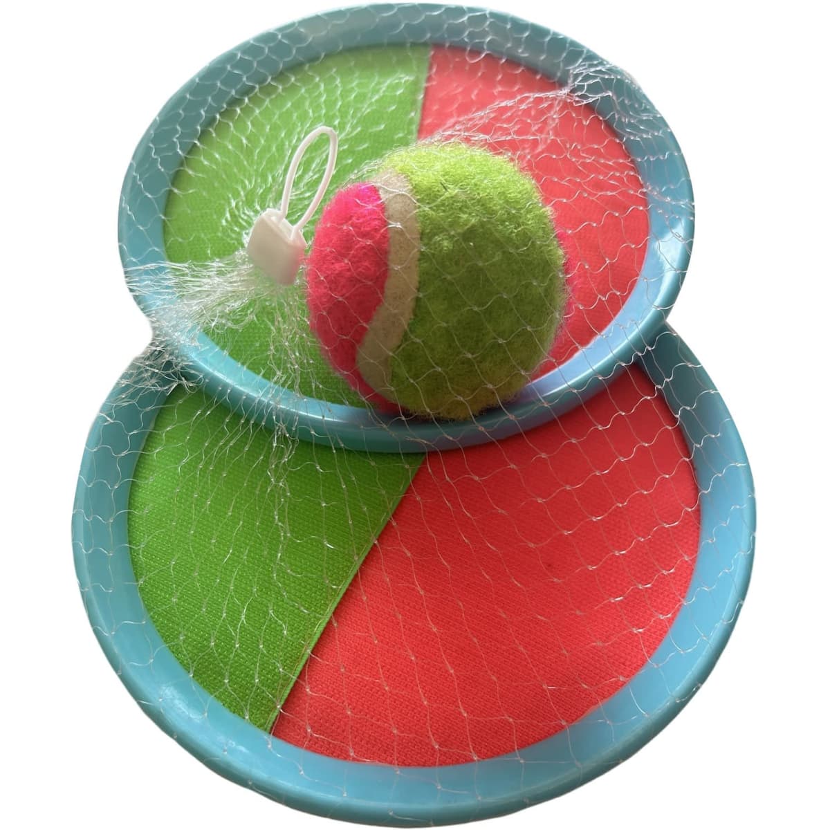 A bright blue sticky toss and catch game set with red and green catch pads and a tennis ball.