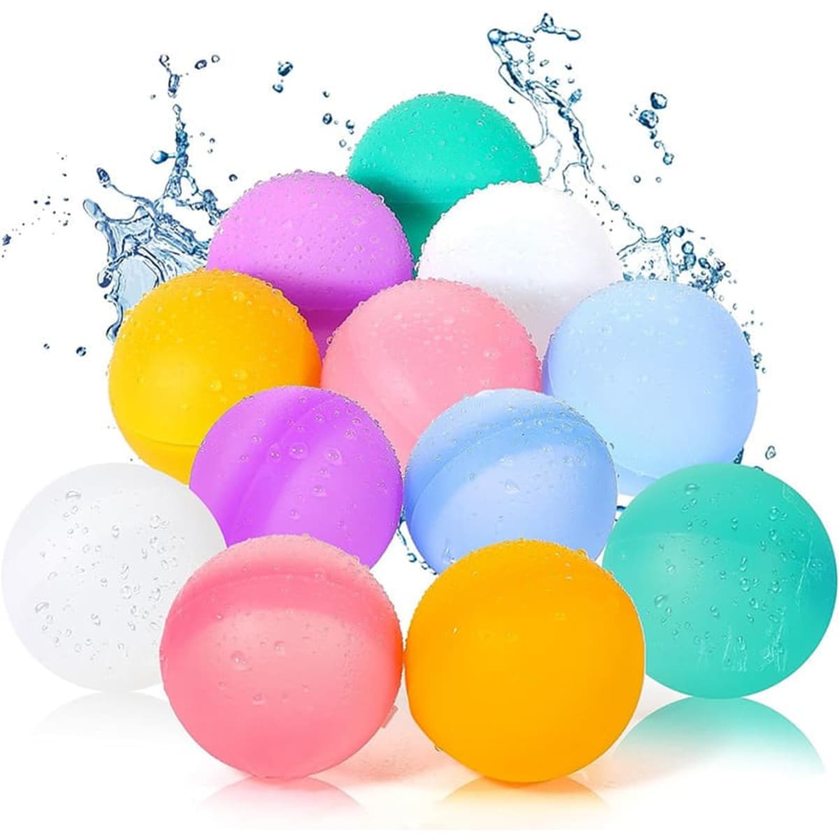 A collection of colourful water balls in purple, pink, blue, green, white, and orange, with droplets of water on them.