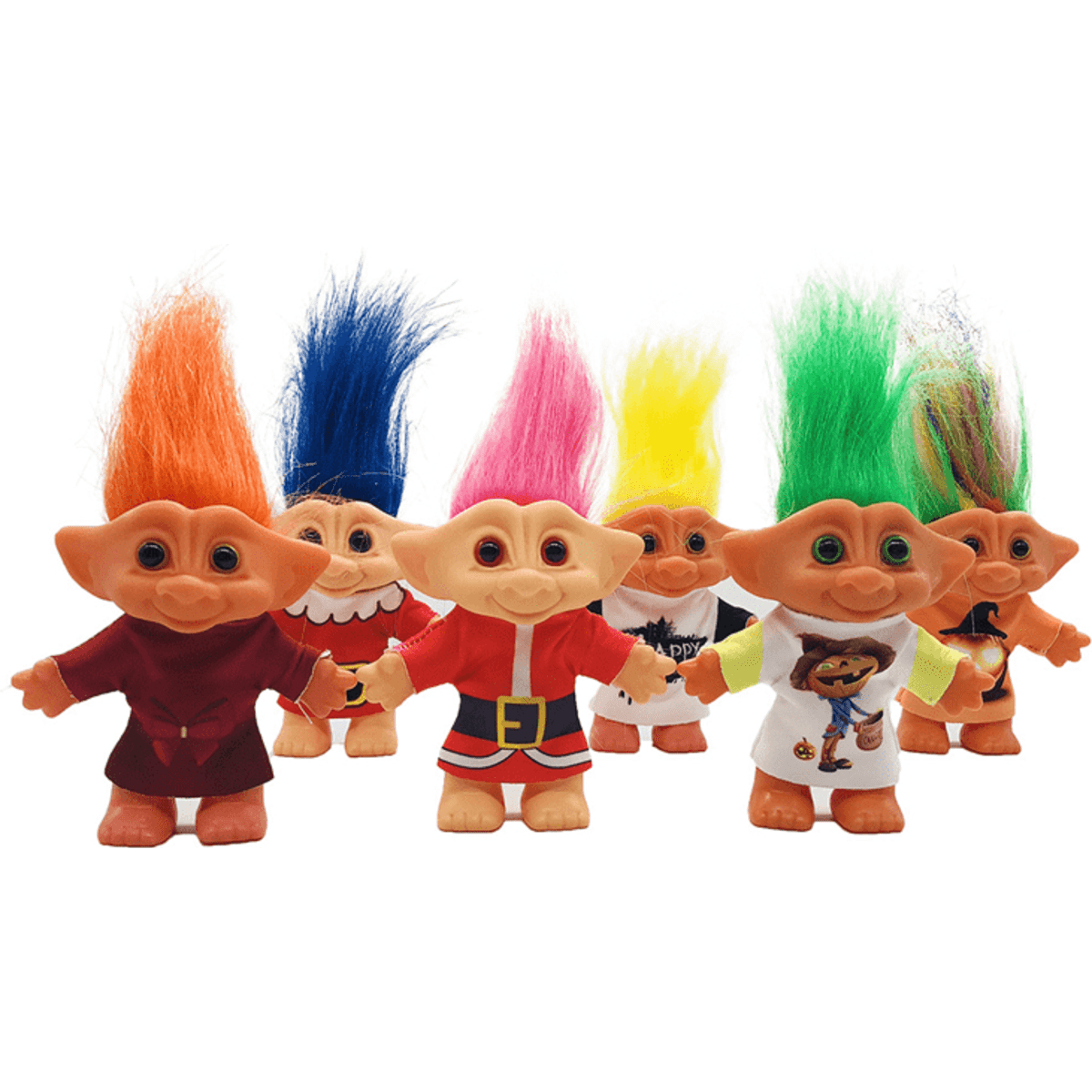 A group of colourful Troll Dolls with vibrant hair in various shades, displaying different outfits and expressions.