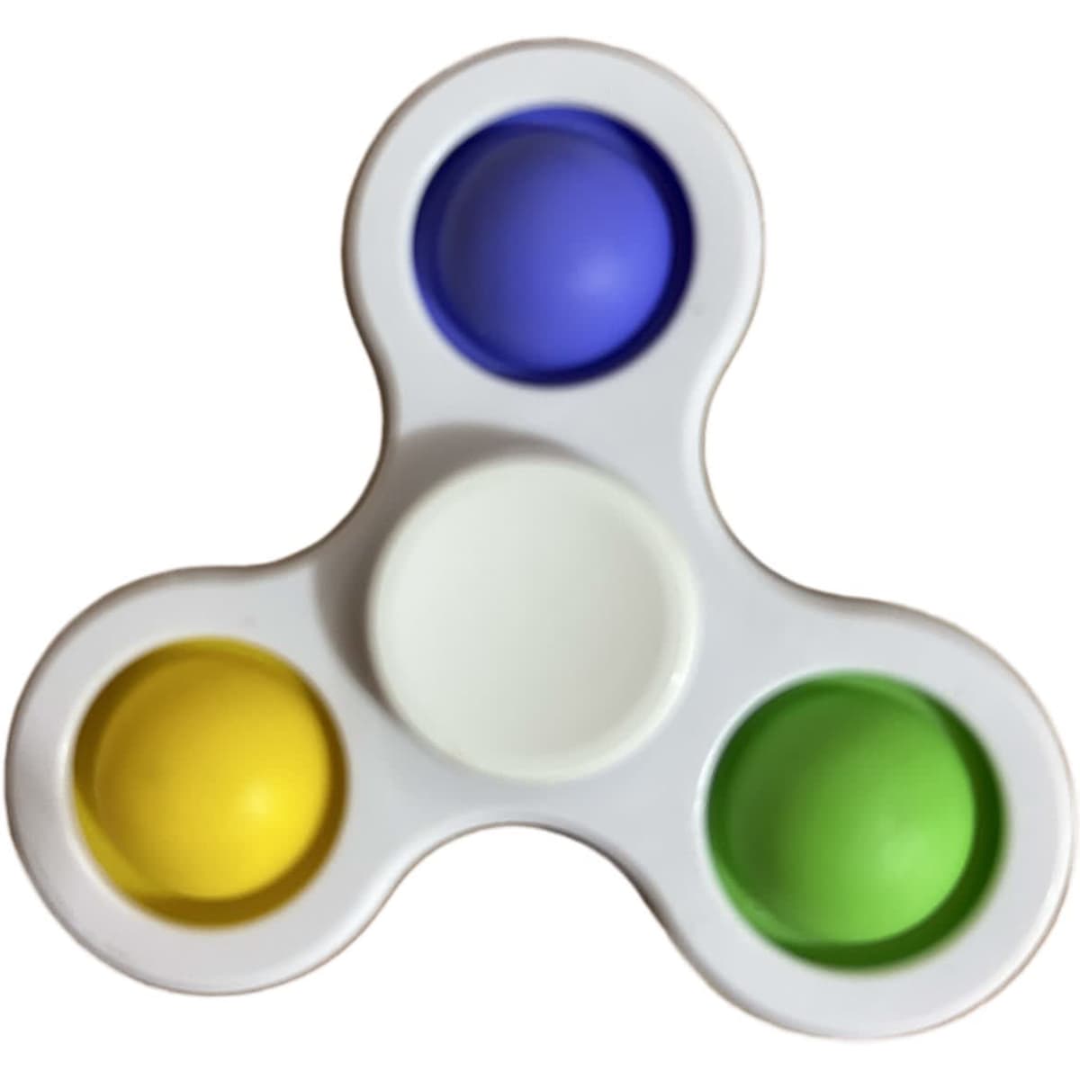 A fidget spinner featuring a white base with blue, yellow, green, and a central white button.