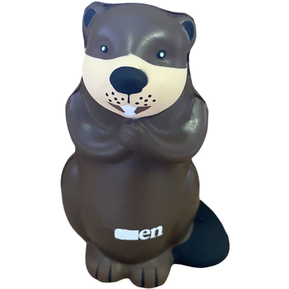 A brown beaver-shaped stress toy with a black tail, featuring a brand logo on its base.