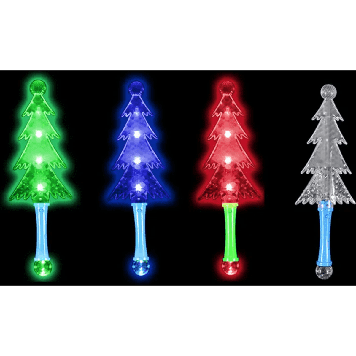 A set of four light-up Christmas tree wand toys in green, blue, red, and clear with colourful lights.