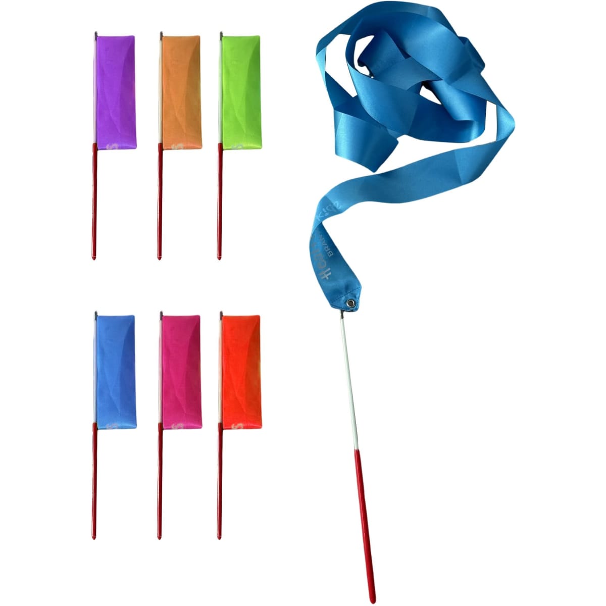A set of colourful dance streamers with red sticks, featuring purple, orange, green, pink, and blue fabrics.