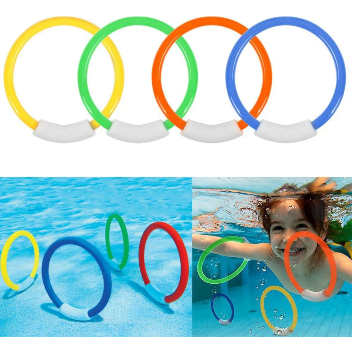 Four brightly coloured dive rings in yellow, green, orange, and blue, floating in a swimming pool with a child smiling underwater.