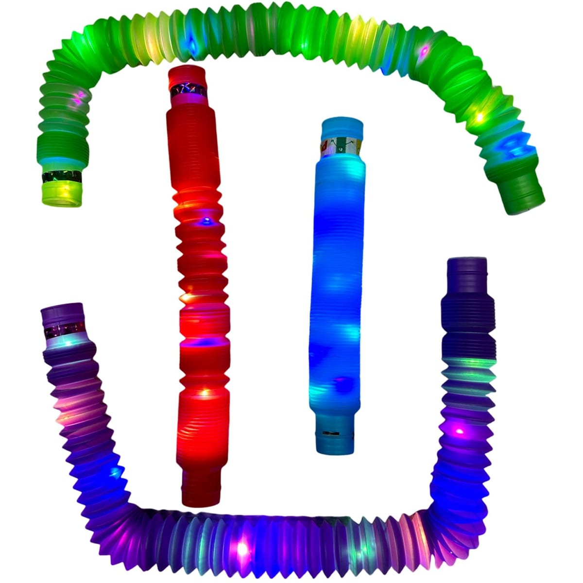 A set of brightly coloured stretchable tubes in green, red, blue, and purple, featuring integrated lights and a logo.