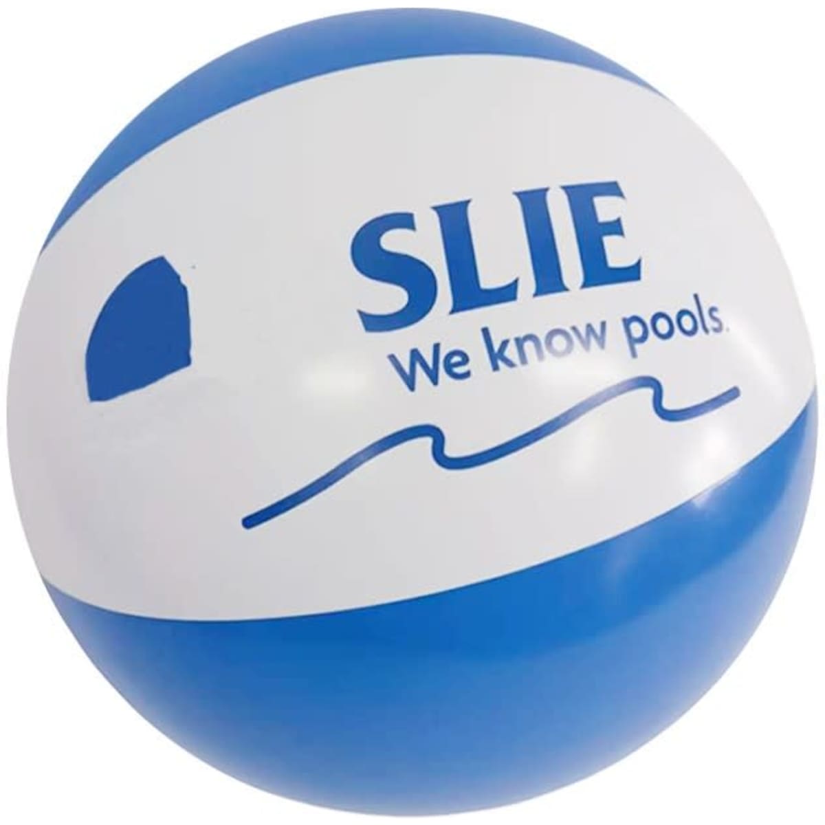 An inflatable beach ball featuring blue and white panels, with a logo printed on it.