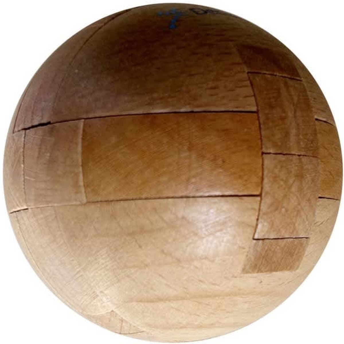 A wooden puzzle ball with interlocking pieces, featuring natural wood hues and a smooth surface.