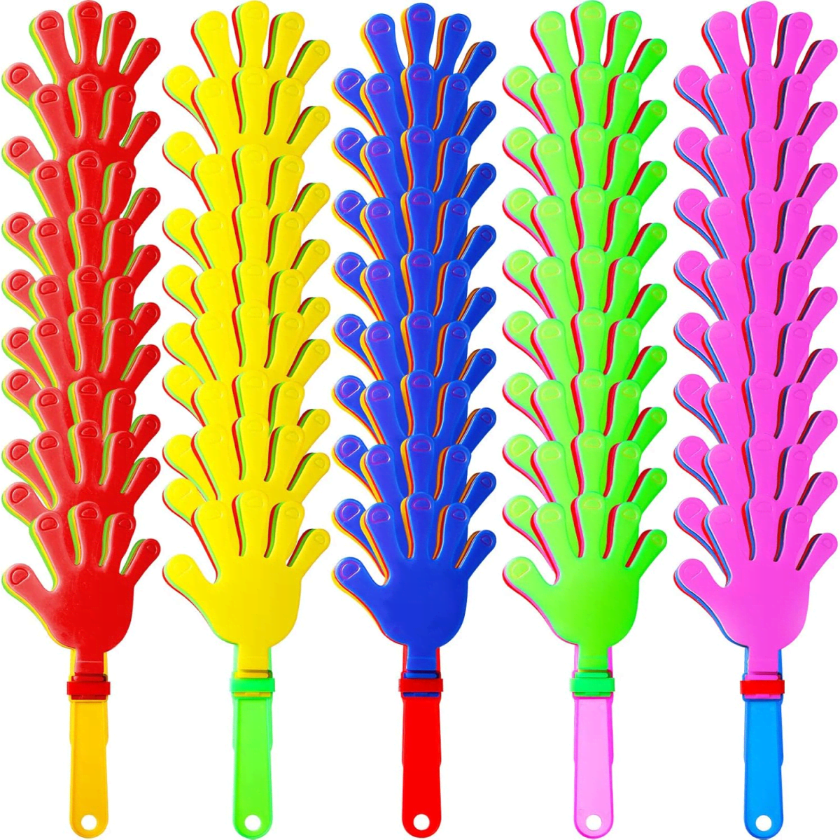 A set of five hand clappers in red, yellow, blue, green, and pink. Each features a hand design on the clapping end.
