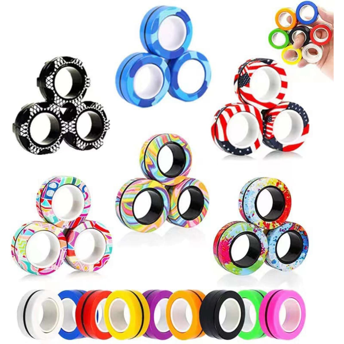 A collection of magnetic fidget rings in various colours, featuring patterns and simple designs, arranged in sets.