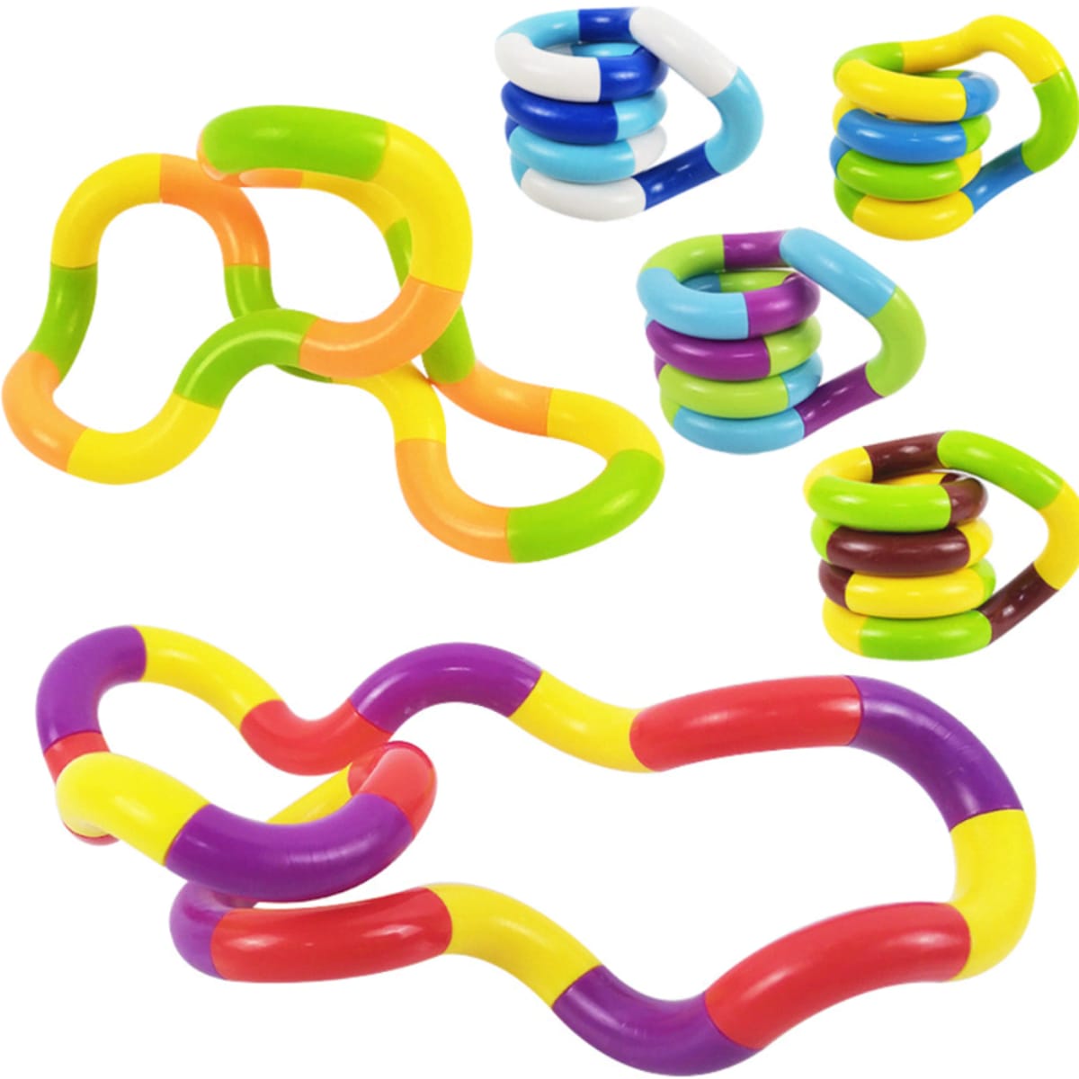 A collection of interlocking plastic links in various bright colours, including purple, yellow, orange, and green.
