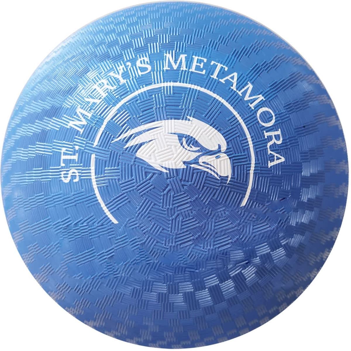 A blue kickball with a textured surface and an emblem featuring an eagle. The ball has branding on it.