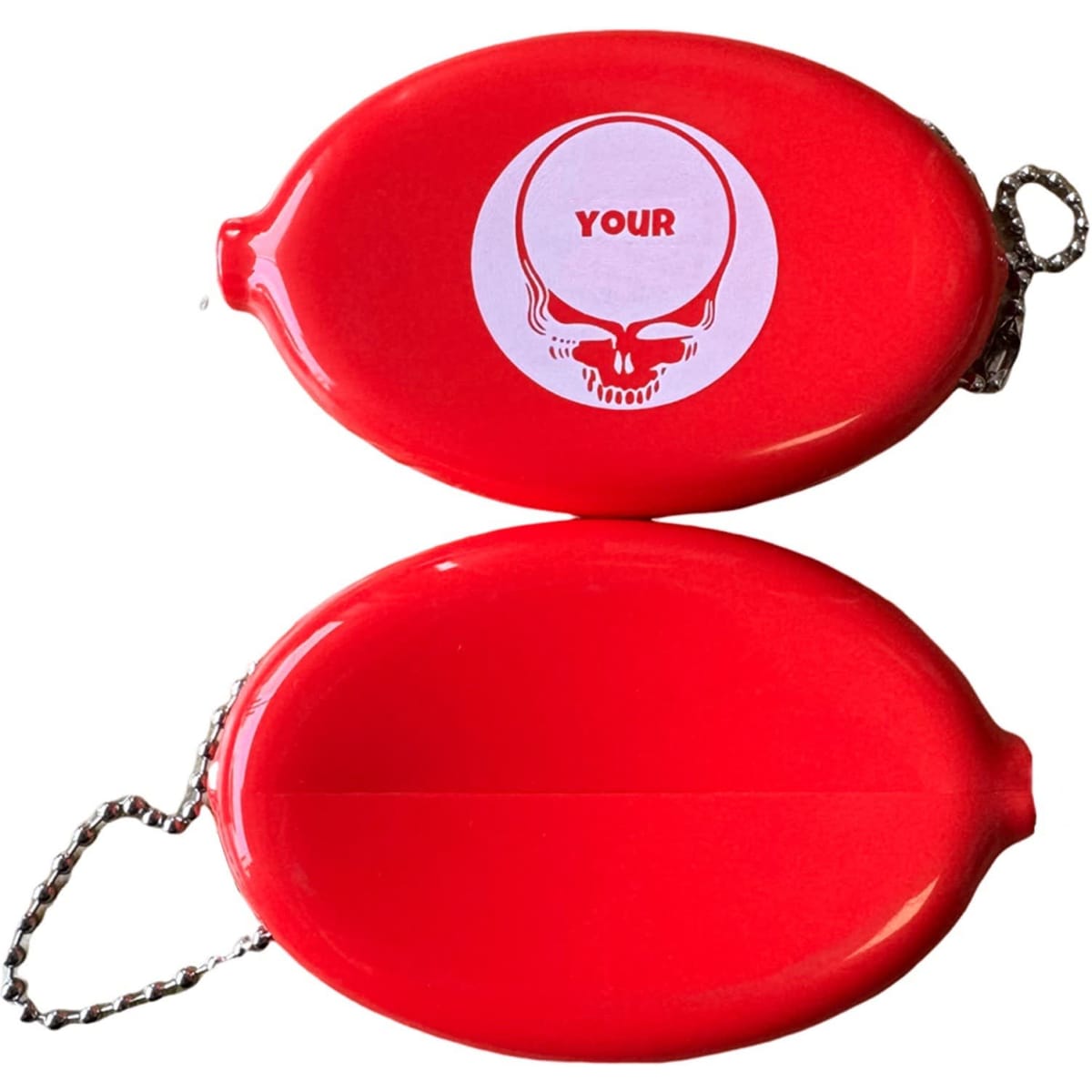 An oval-shaped red coin purse keychain with a logo, featuring a silver chain for attachment.