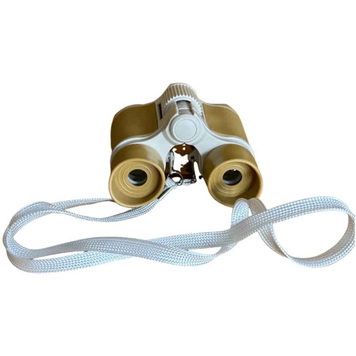 A yellow and white binoculars telescope with a strap, designed for children.