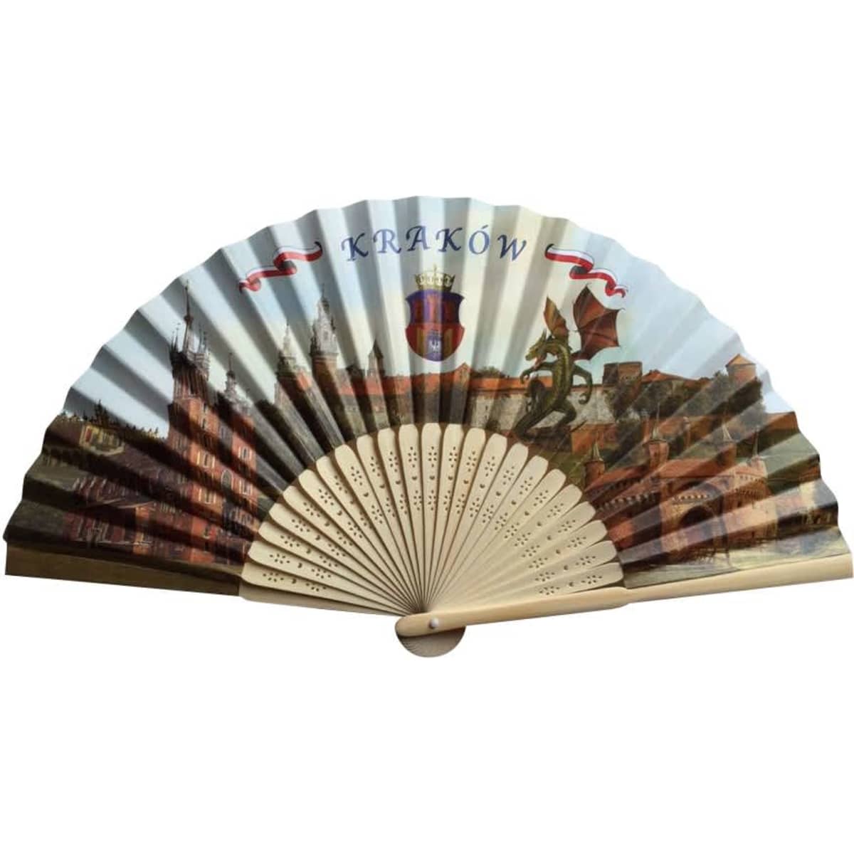 A decorative paper folding hand fan featuring a scenic design of Krakow, with colours of blue, red, and beige.