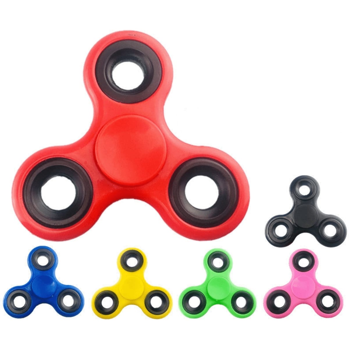 A red fidget spinner with black bearings, surrounded by green, blue, yellow, and pink spinners.