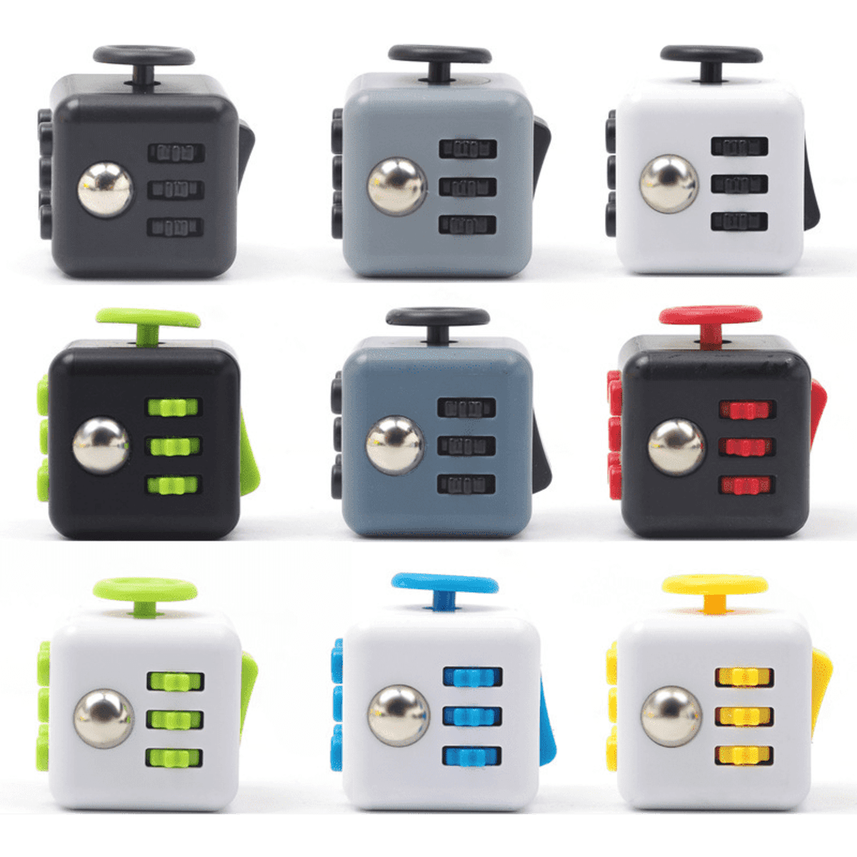 A variety of Fidget Cubes in black, grey, white, and assorted bright colours, featuring multiple tactile surfaces and a logo.