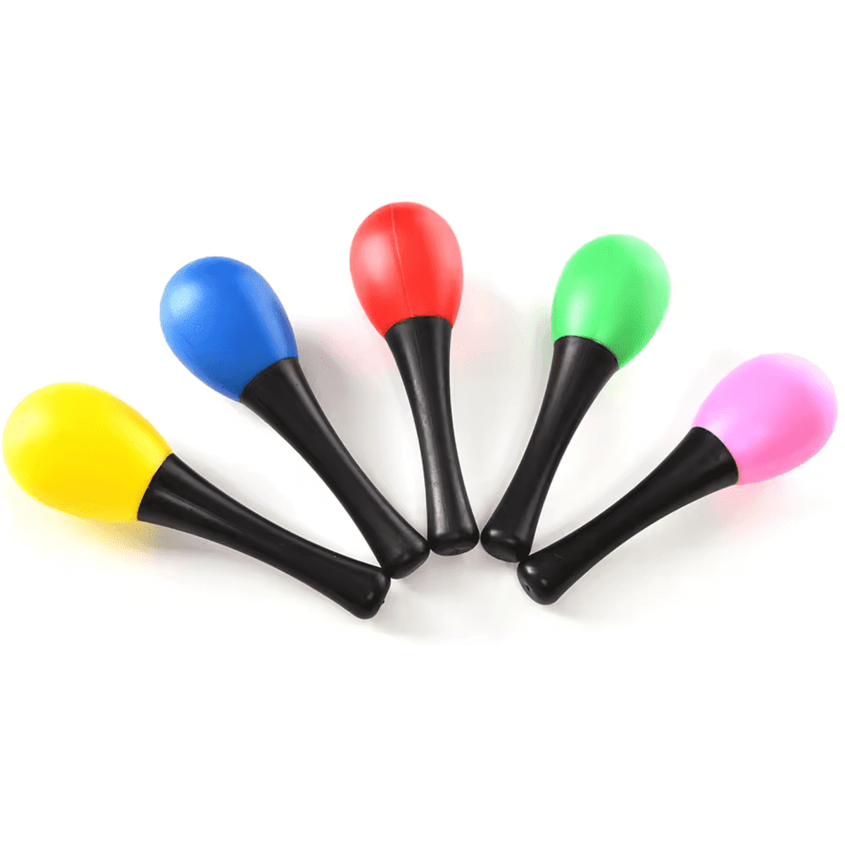 Five egg-shaped maracas in yellow, blue, red, green, and pink, each with a black handle.