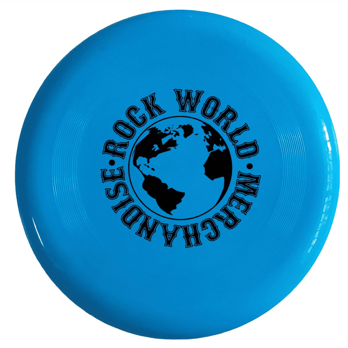 A blue flying disc featuring a black logo with a globe design at the centre.