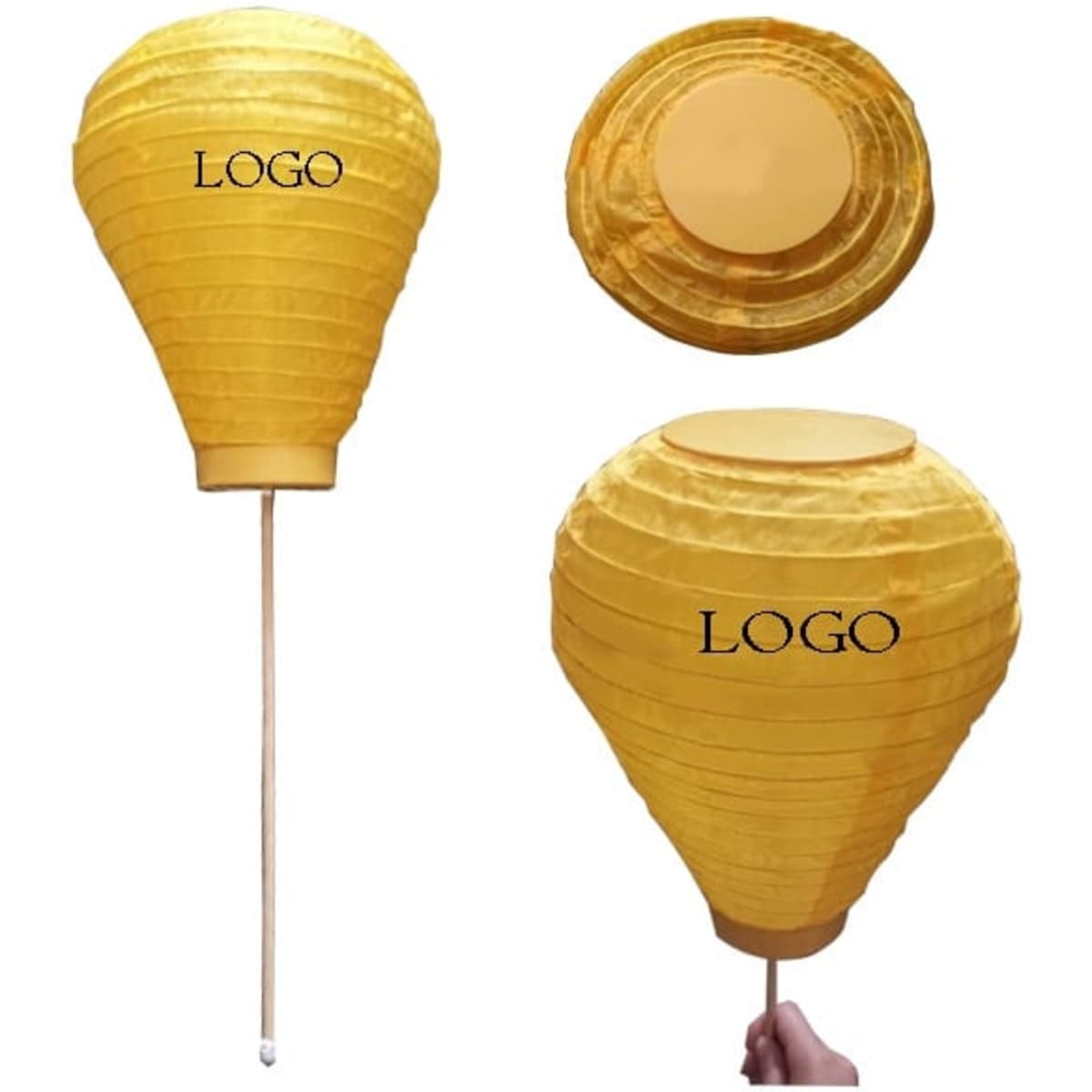 A foldable LED lantern in vibrant yellow, featuring a stick for support and a logo on the surface.