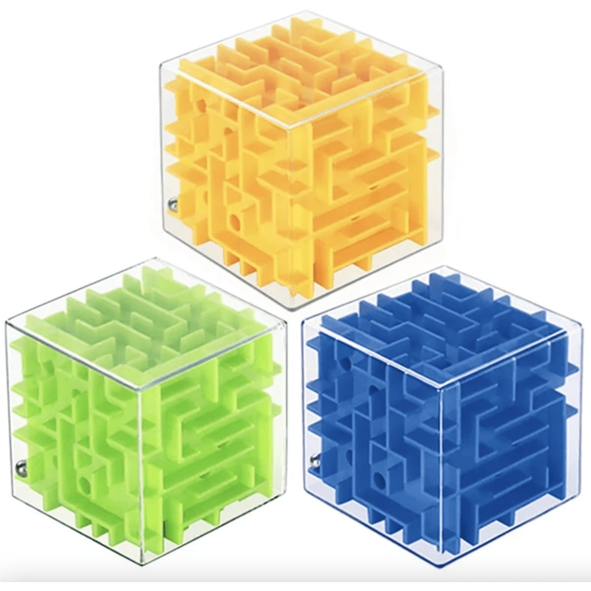Three Maze Cube puzzles in yellow, green, and blue, each enclosed in a clear casing.