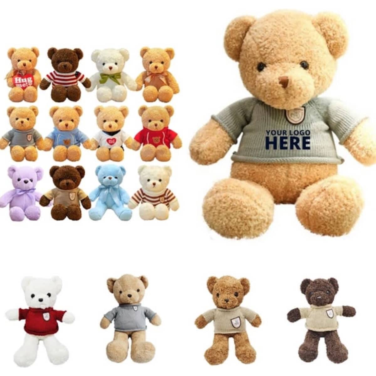 A collection of plush teddy bears in various colours and sizes, with one bear wearing a shirt featuring a logo.
