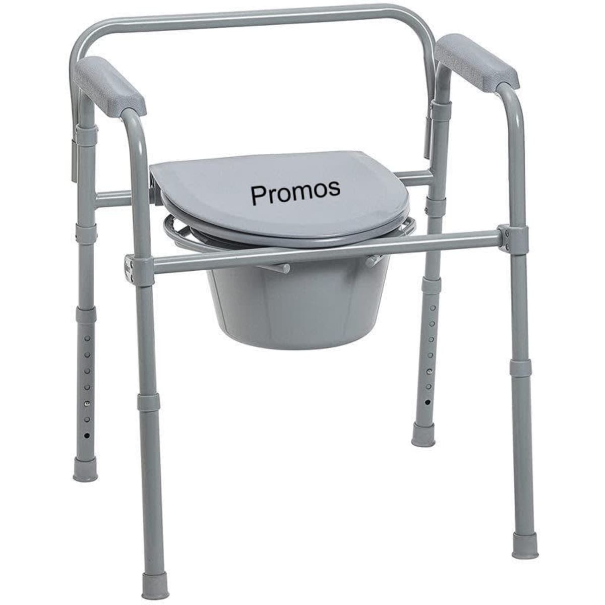 A grey portable toilet with a metal frame and handles, featuring a bucket underneath and a lid.
