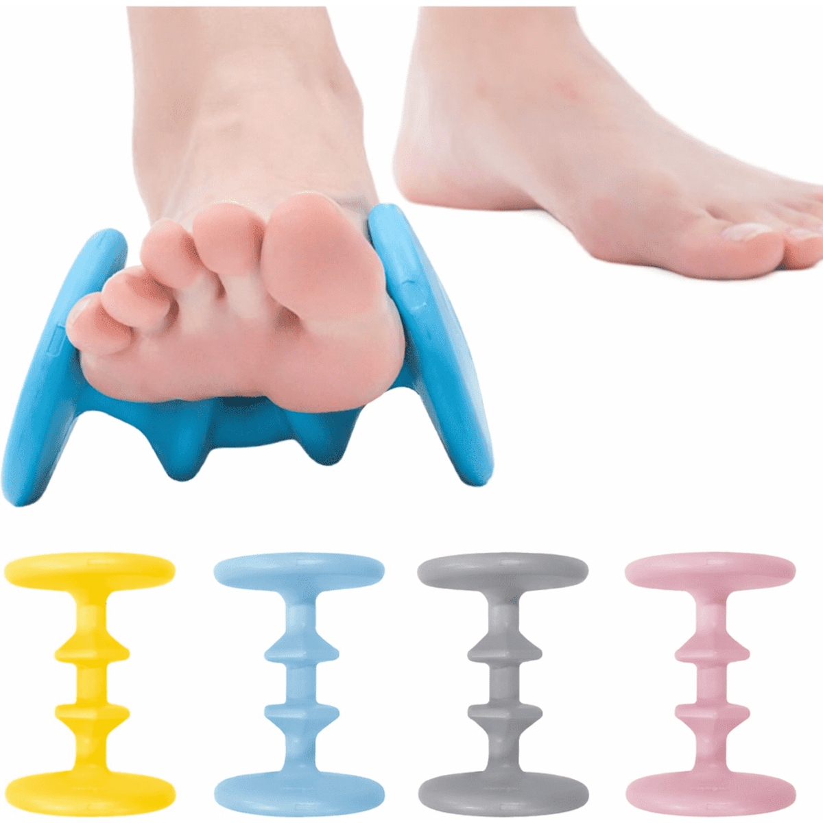 A foot massager in blue is positioned under a foot, alongside four small weights in yellow, blue, grey, and pink.