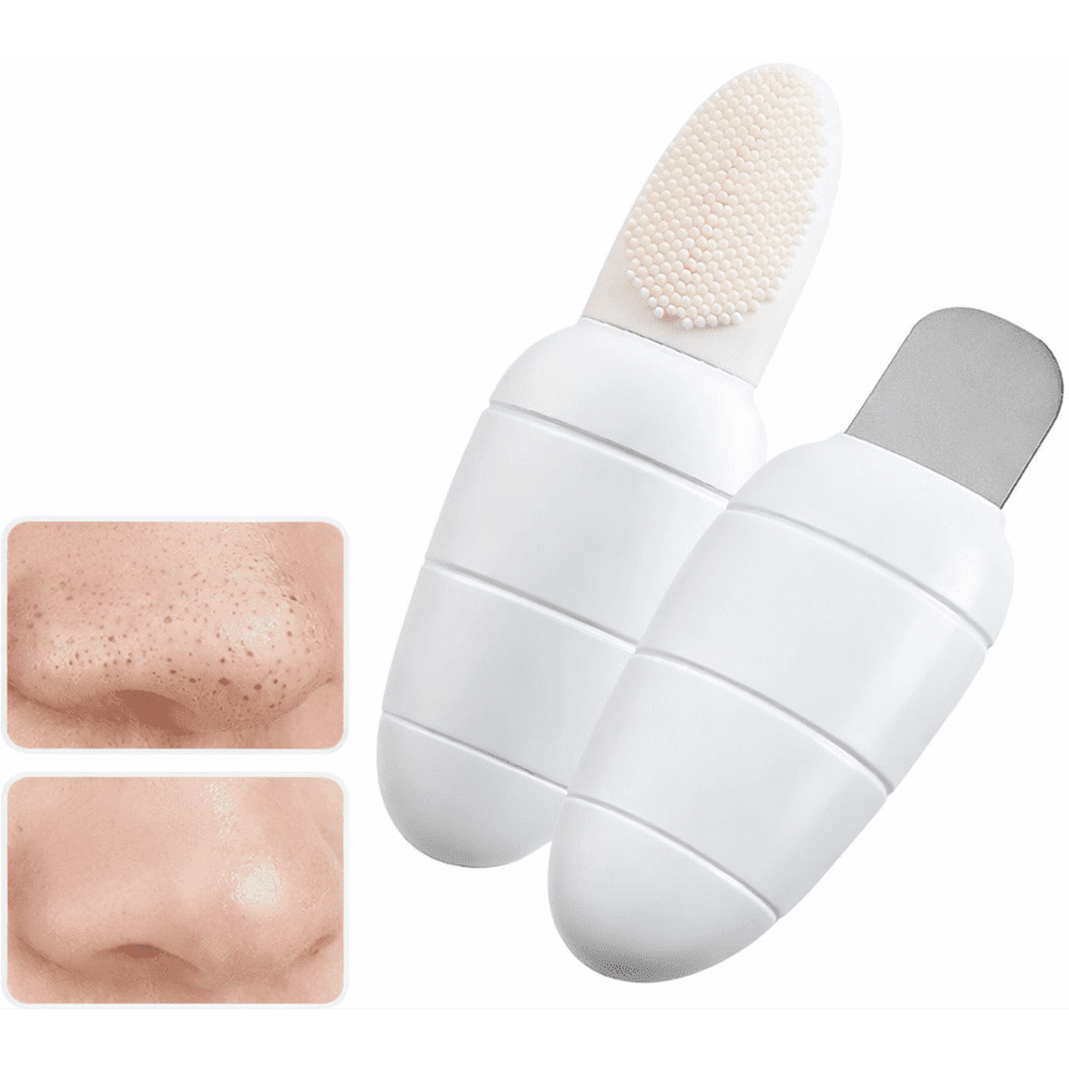 A skincare tool set in white, featuring a textured side for cleansing and a smooth side for exfoliating.