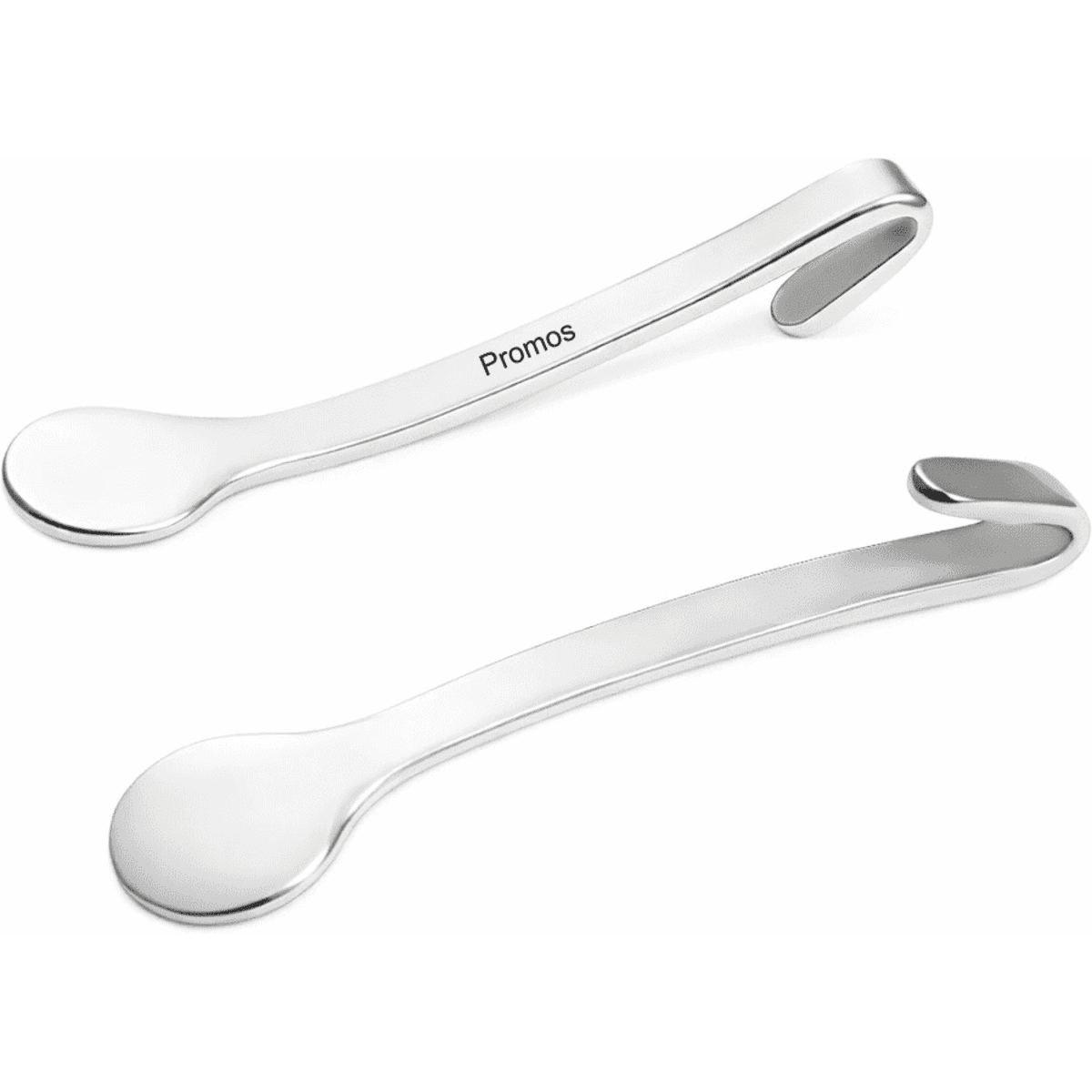 A set of two silver metal spoons with a sleek, curved design, featuring a logo on one of the handles.