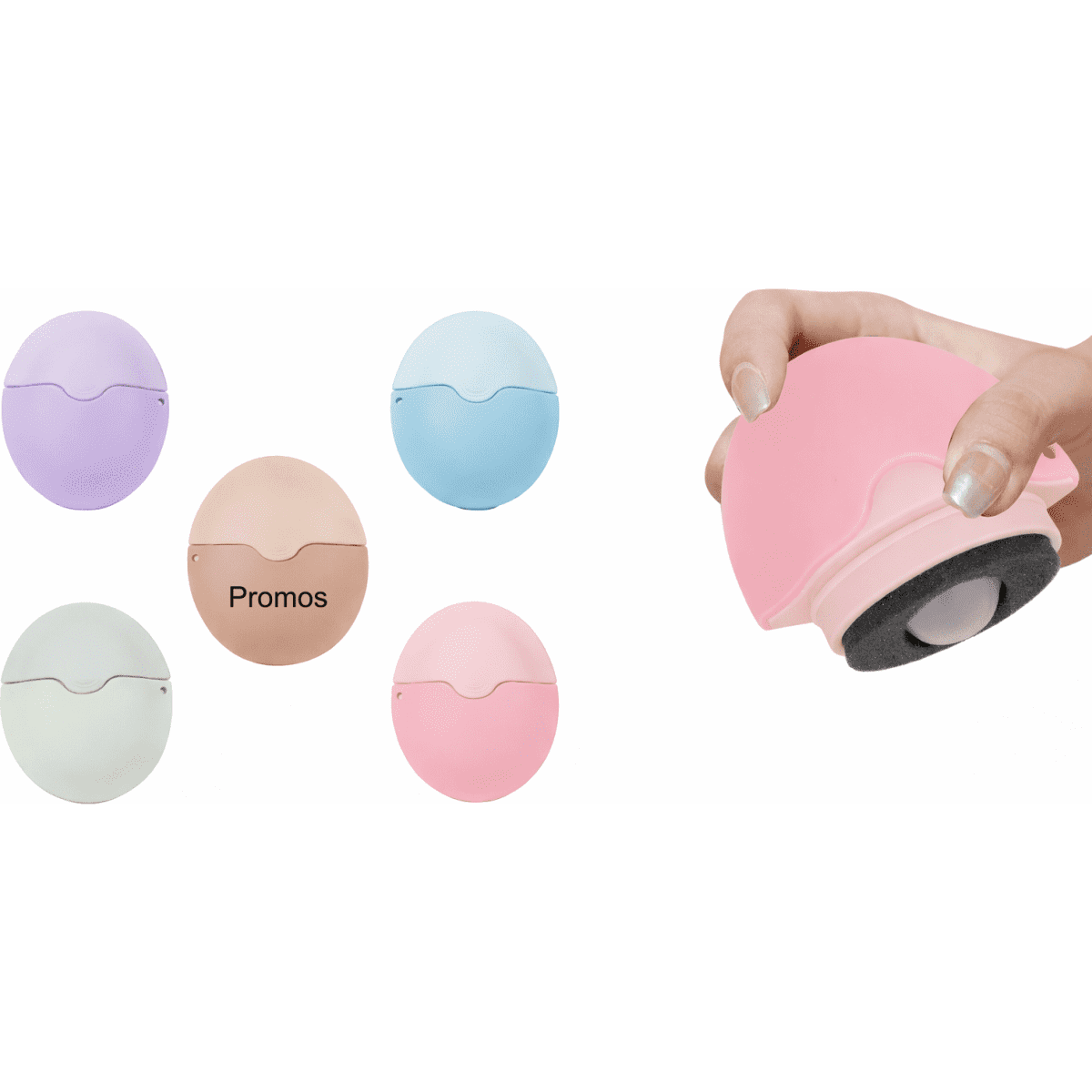 A selection of rounded promotional containers in pastel colours, including pink, lavender, mint green, and blue.