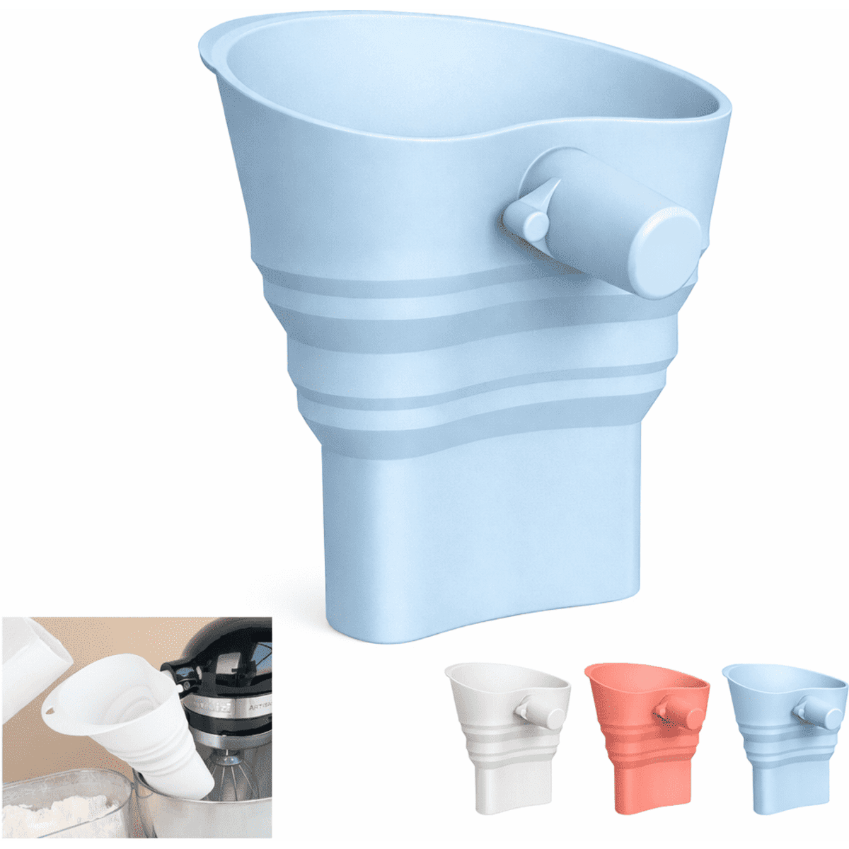 A funnel in light blue with a handle, featuring a ribbed design. Other colours shown include white, dark blue, and pink.