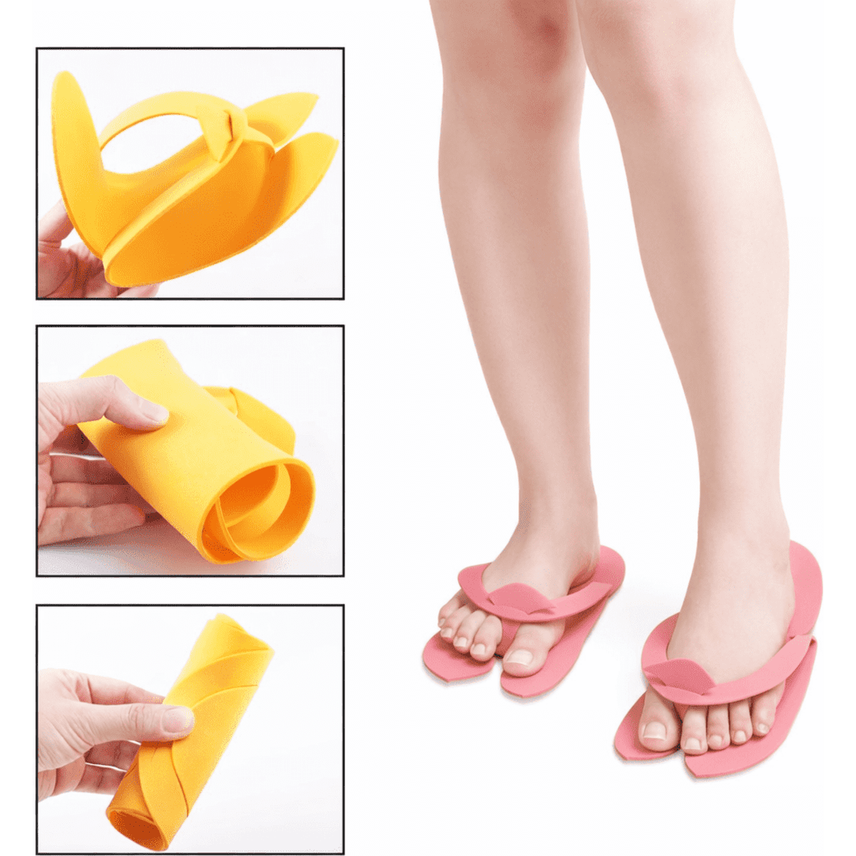 Colourful flip flops in pink and yellow, with a flexible design that can be rolled up for easy storage.