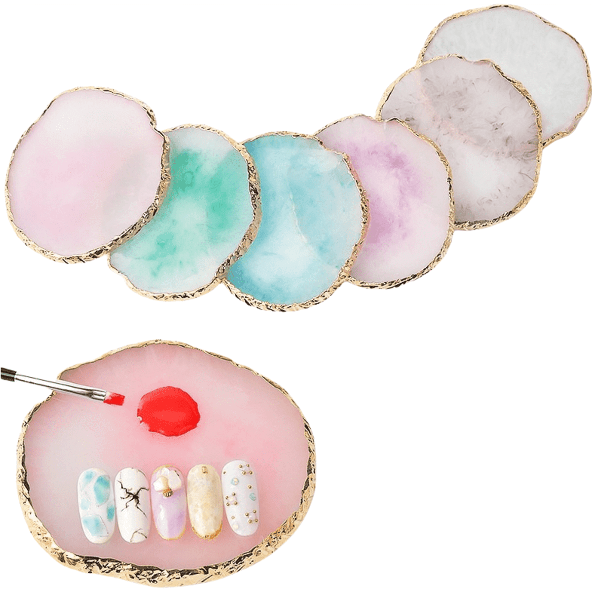 A set of pastel-coloured resin coasters with a gold edge, accompanied by a painted nail display.