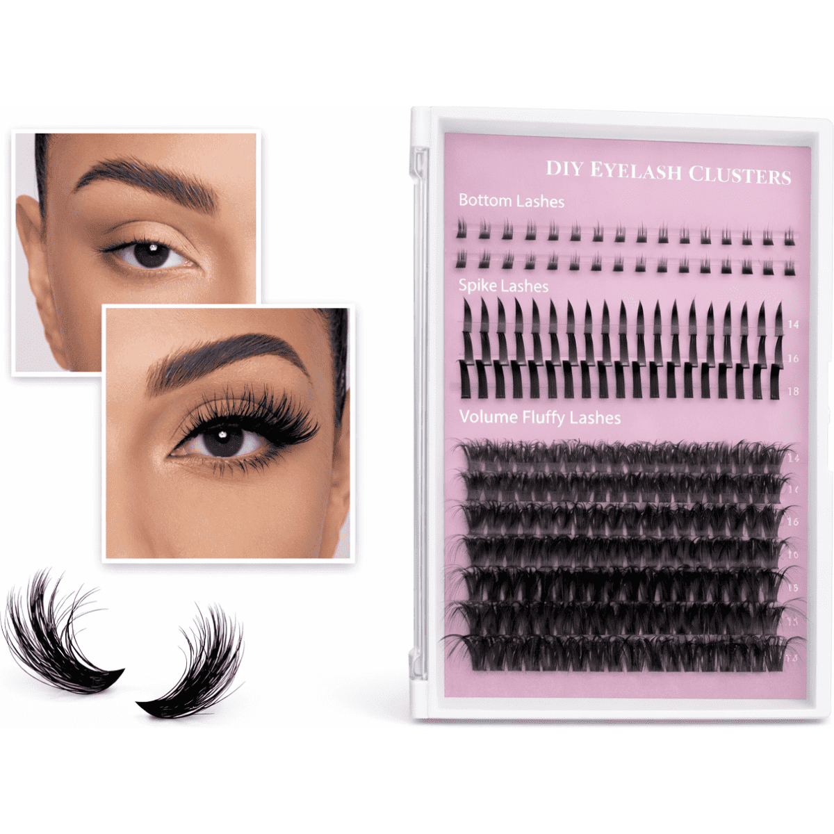 A display of DIY eyelash clusters featuring various styles, including spiked and volume fluffy lashes, on a purple background.