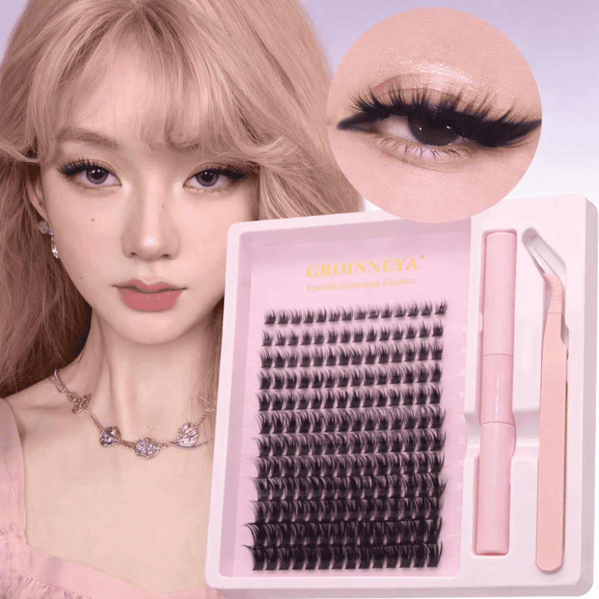 A set of false eyelashes in a pink case, featuring different styles, adhesive, and an applicator.