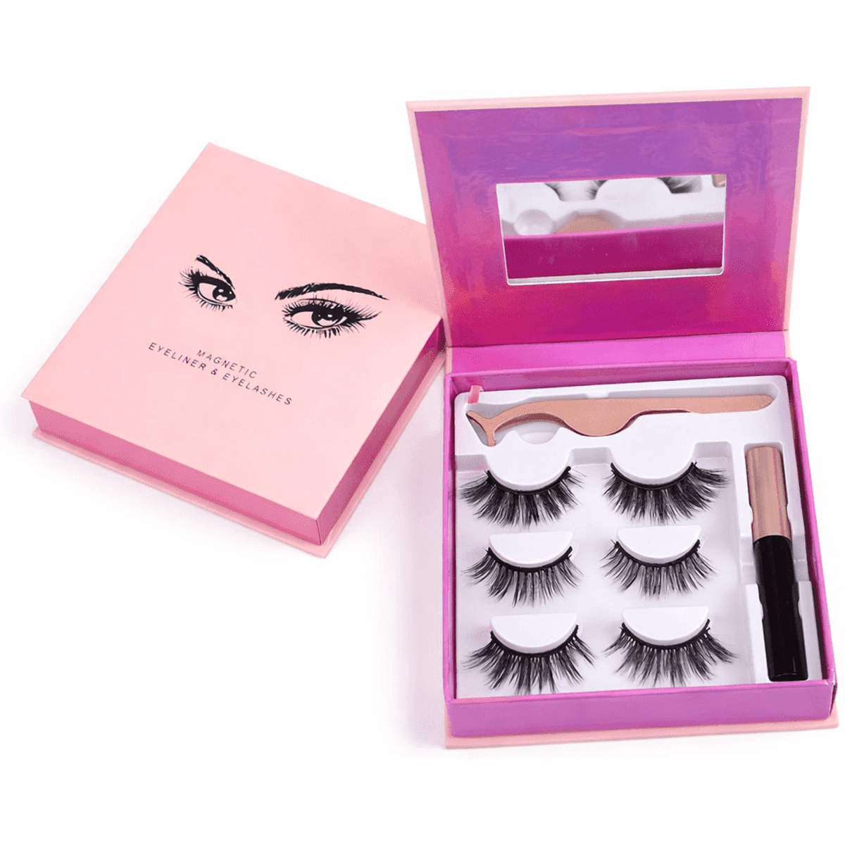 A beauty product kit featuring magnetic eyelashes, an applicator tool, and a tube of eyeliner in a pink box with a mirror.