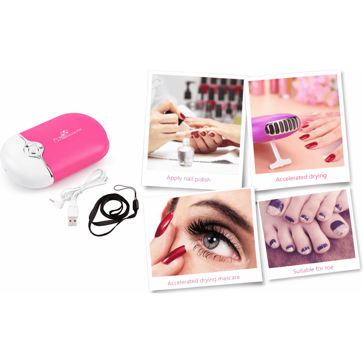 A pink nail dryer with a USB cable, accompanied by instructional cards for applying nail polish and mascara.