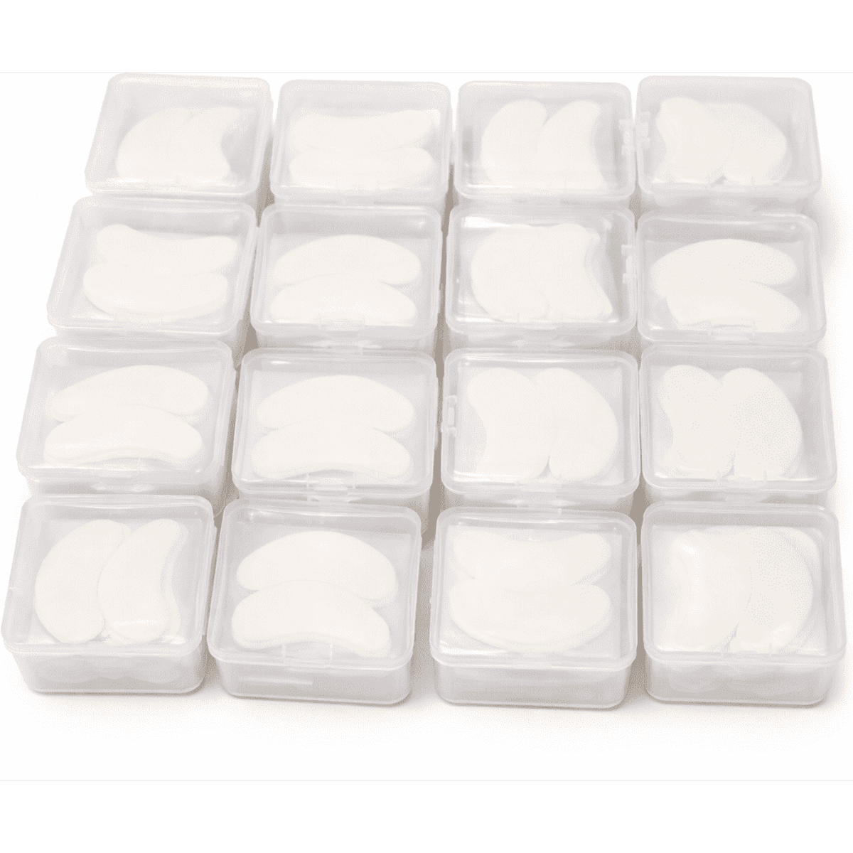 A collection of clear containers, each filled with white, curved gel pads arranged in a grid pattern.