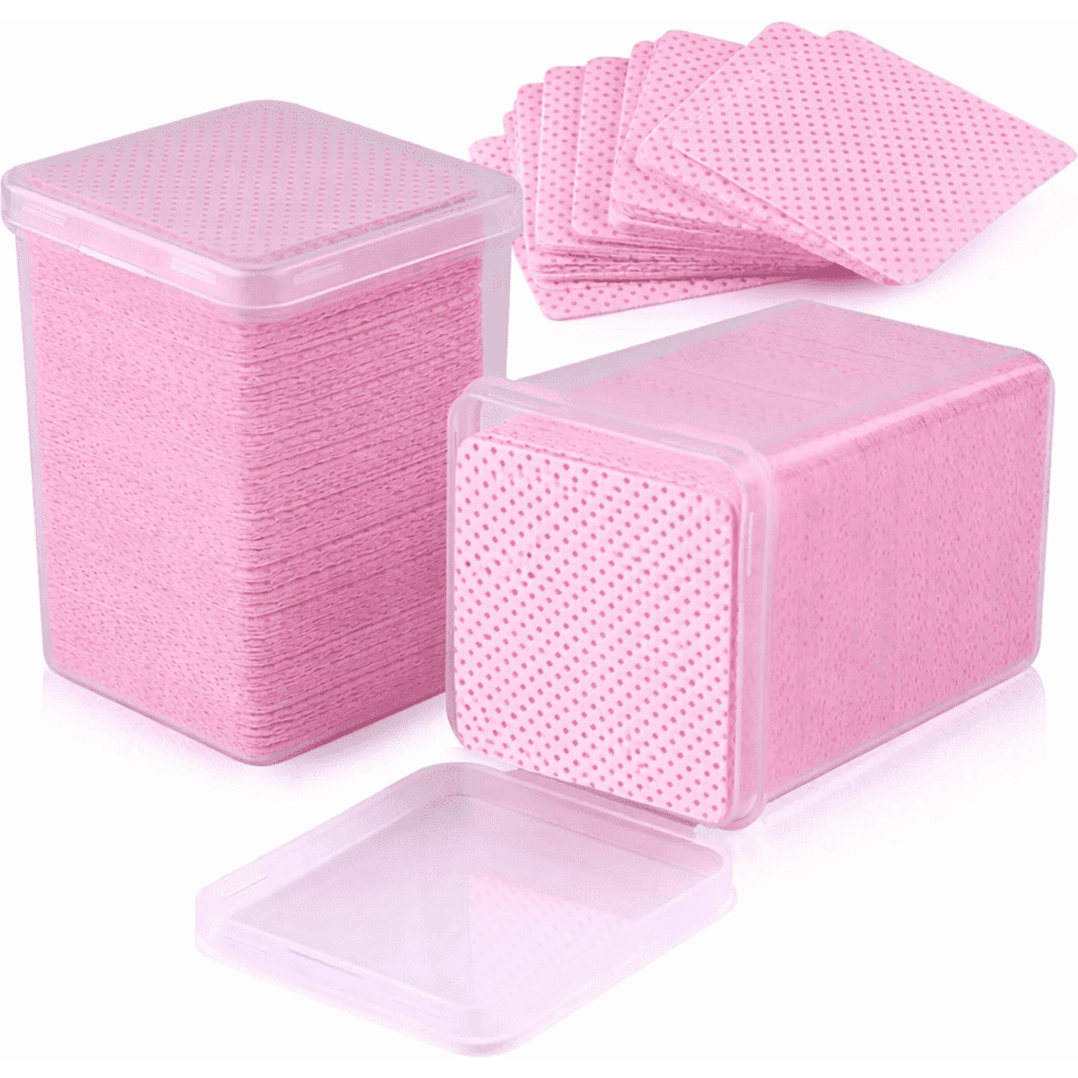 Two clear containers filled with pink wax strips, with a few strips laid out on top.