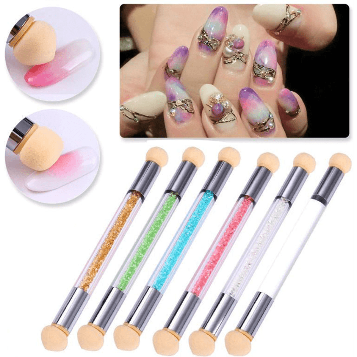 A set of six cosmetic applicators with sponge tips, featuring glitter-filled tubes in various colours and designs.