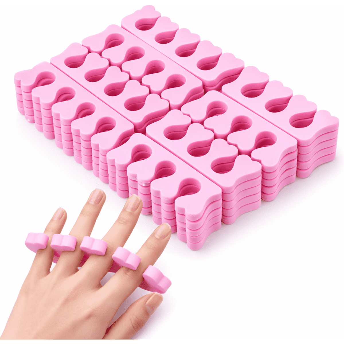 A set of pink nail polish separators arranged in rows, with one being held on fingers.