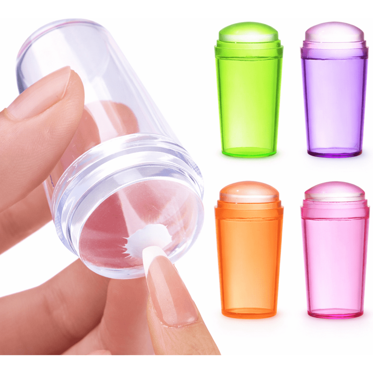 A drink bottle with a clear body and coloured caps in green, purple, orange, and pink, featuring a hand holding one.