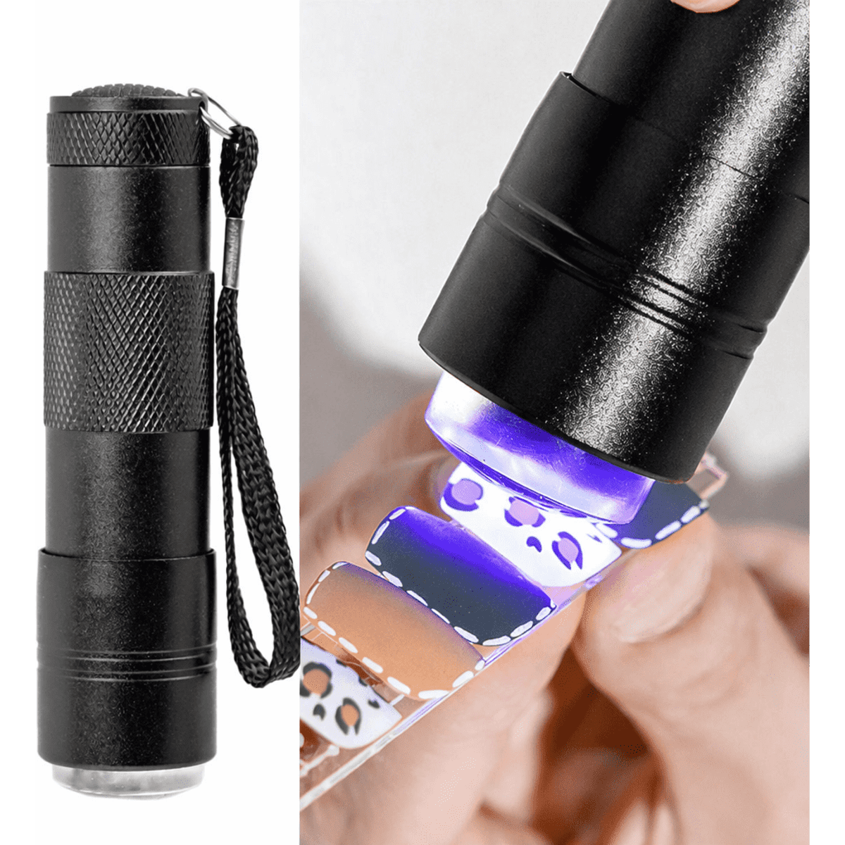 A black flashlight with a textured grip and wrist strap is being used to illuminate a film strip.
