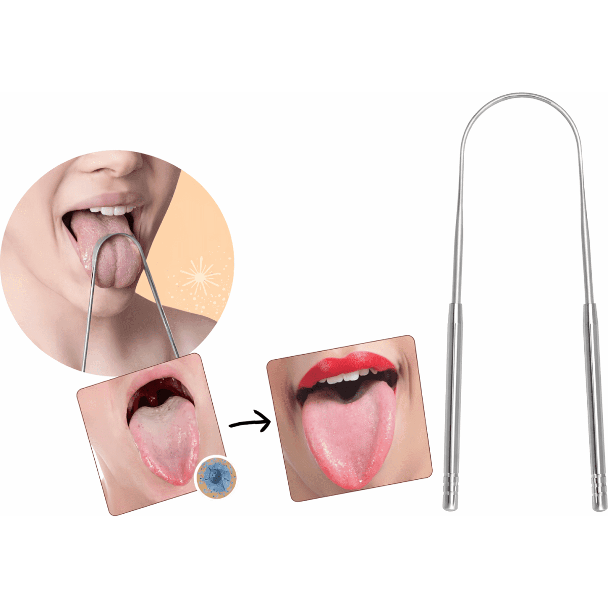 A tongue cleaner with a curved metal design, featuring a close-up of its use on a tongue.