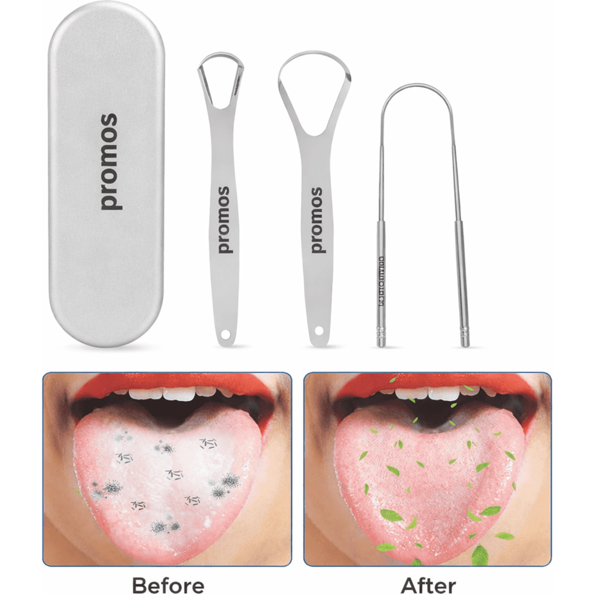 A tongue cleaning set featuring two stainless steel tools and a compact storage case, with before-and-after images of a tongue.