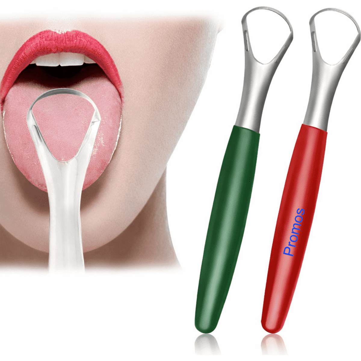 A tongue scraper set featuring a green and a red scraper with a silver handle, displayed alongside a close-up of a tongue.