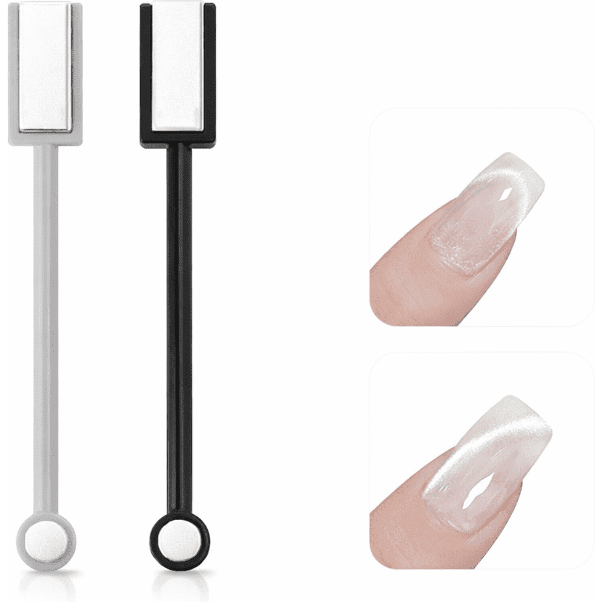A set of two nail polish applicators in grey and black, featuring a flat brush tip for even application.