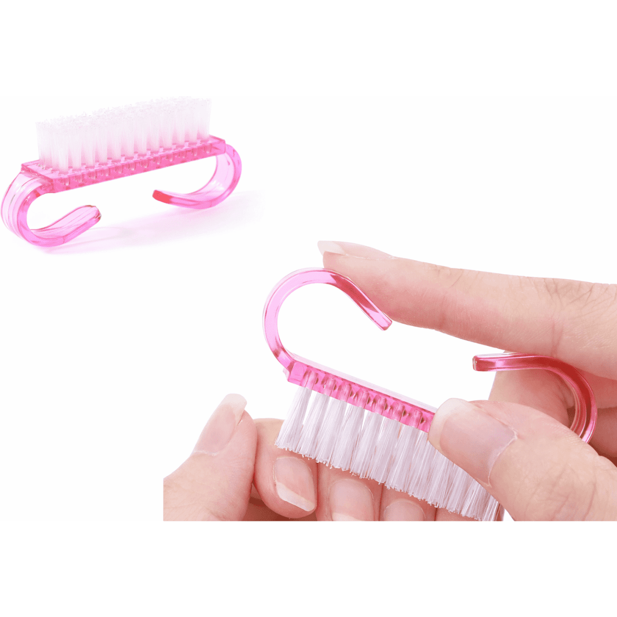 A pink cleaning brush with soft bristles, designed with a hook for easy handling and usage.