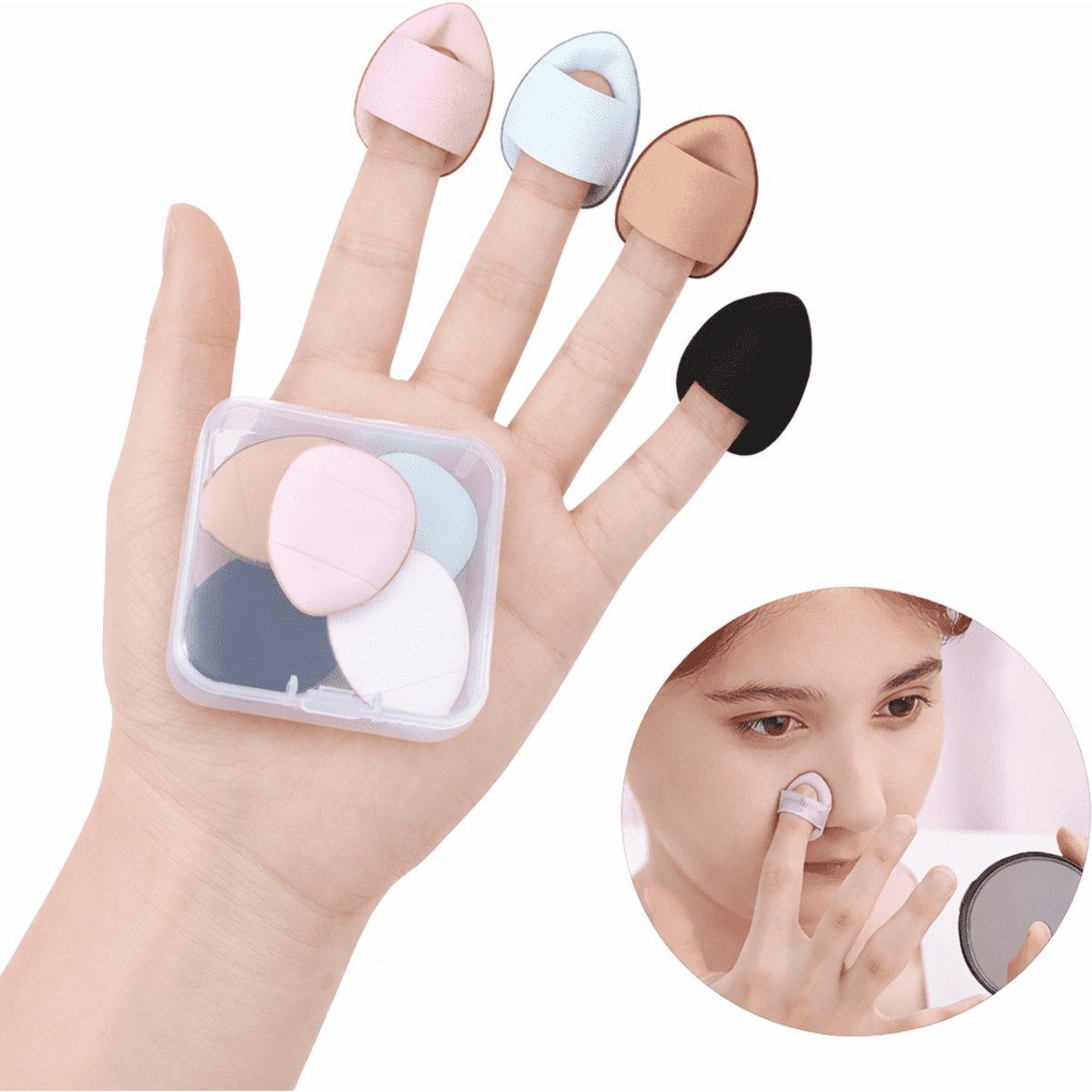 A hand displaying various coloured makeup sponges in a clear case, with a person applying makeup in a mirror.